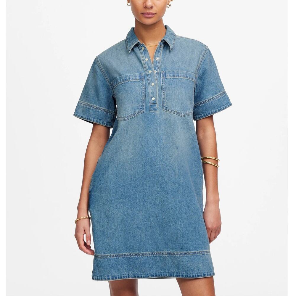 NWT Madewell Denim Popover Dress Short Sleeve Shift Robertson Wash Womens Size M